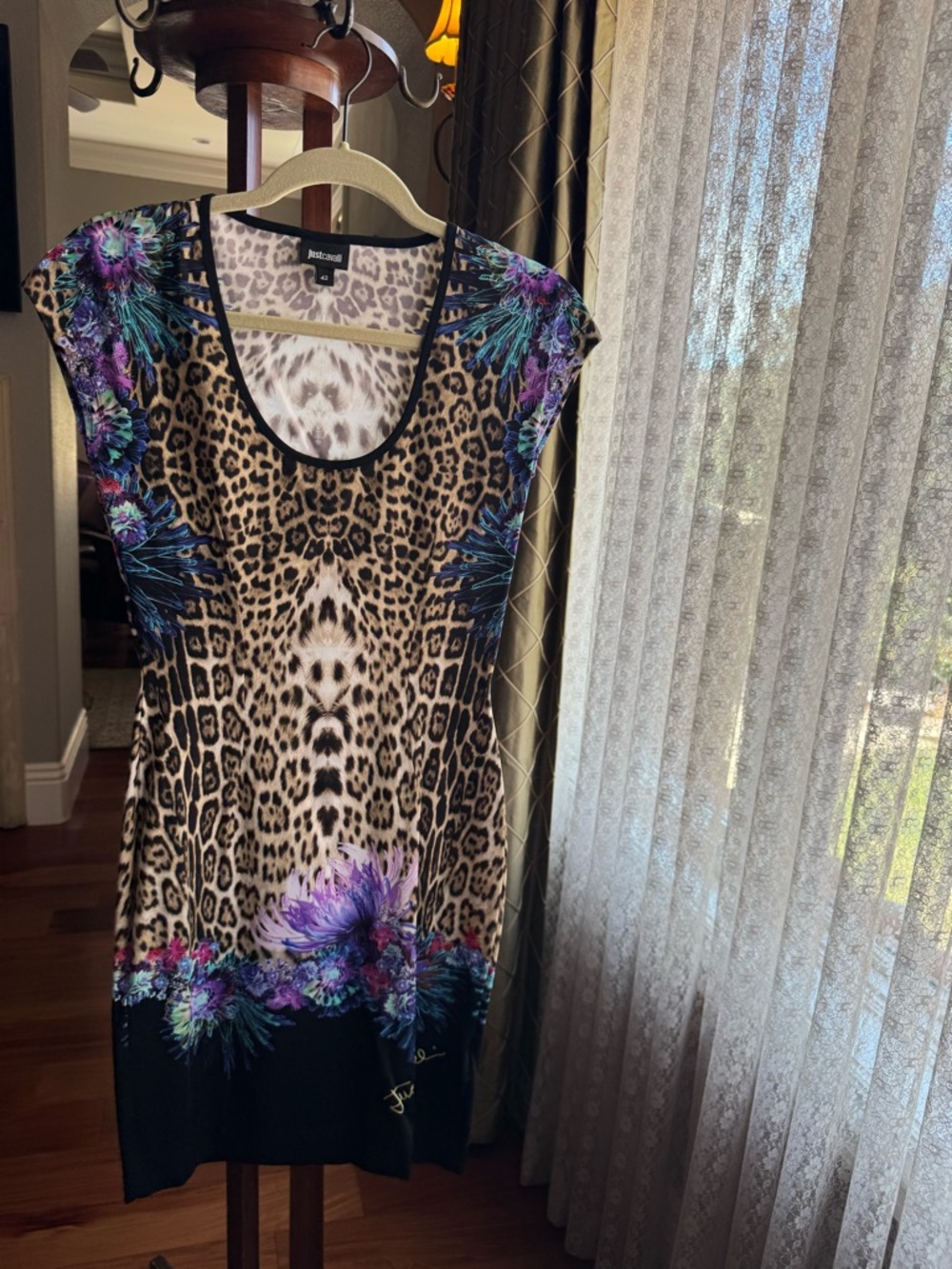 Just Cavalli Leopard Print Scoop Neck Tunic with Purple & Teal Floral Accents
